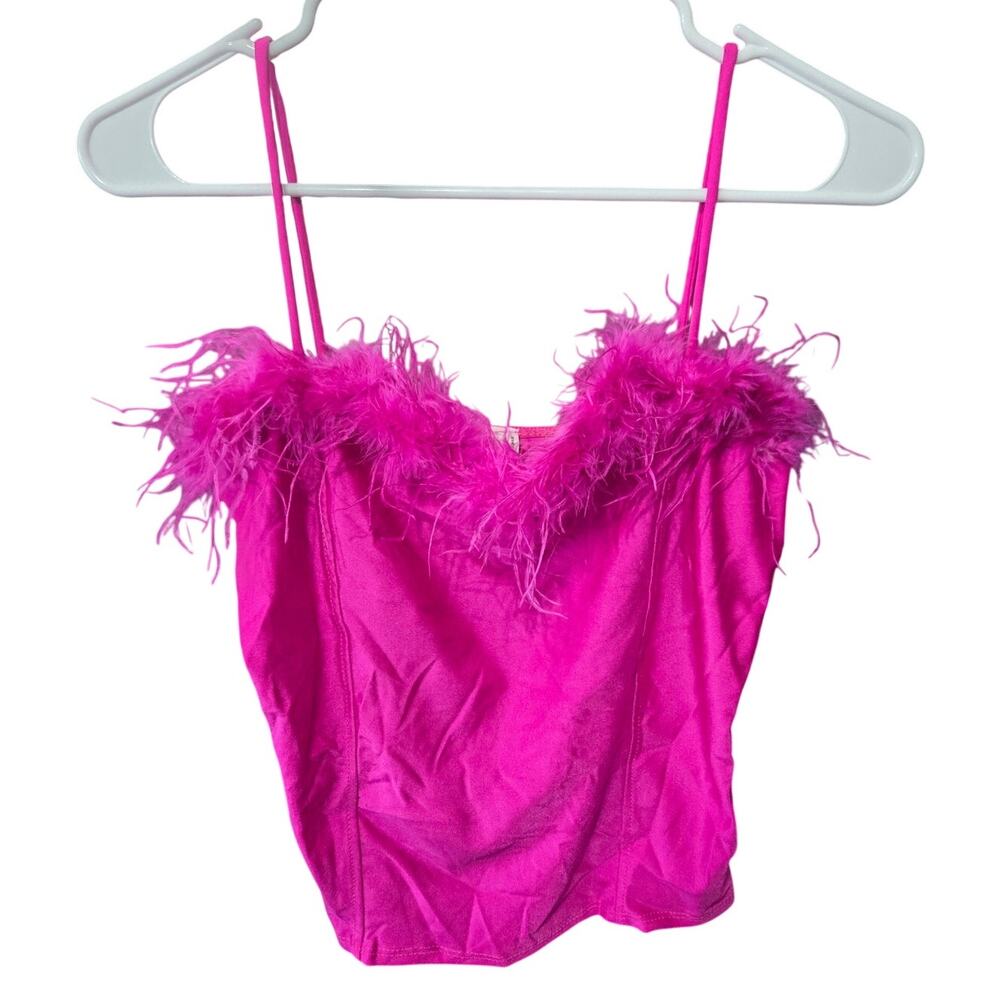 Feather Trim Magenta Satin Corset Top - Chocolate - Small